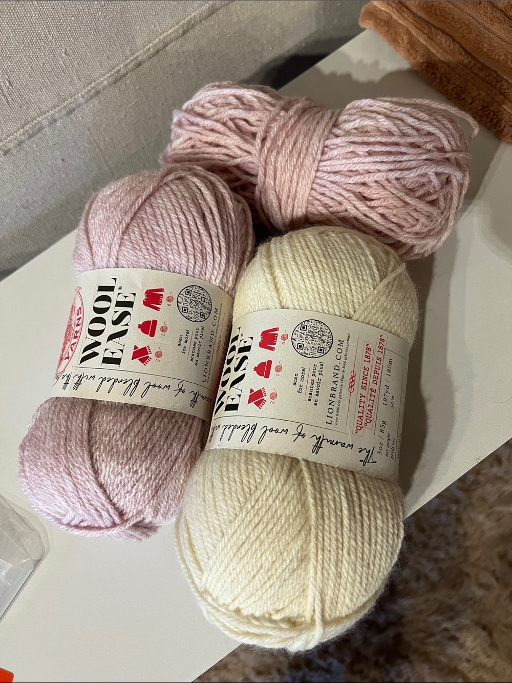 Wool Ease Yarn Skeins - Soft Pink & Cream (lot of 2 + 1/2)